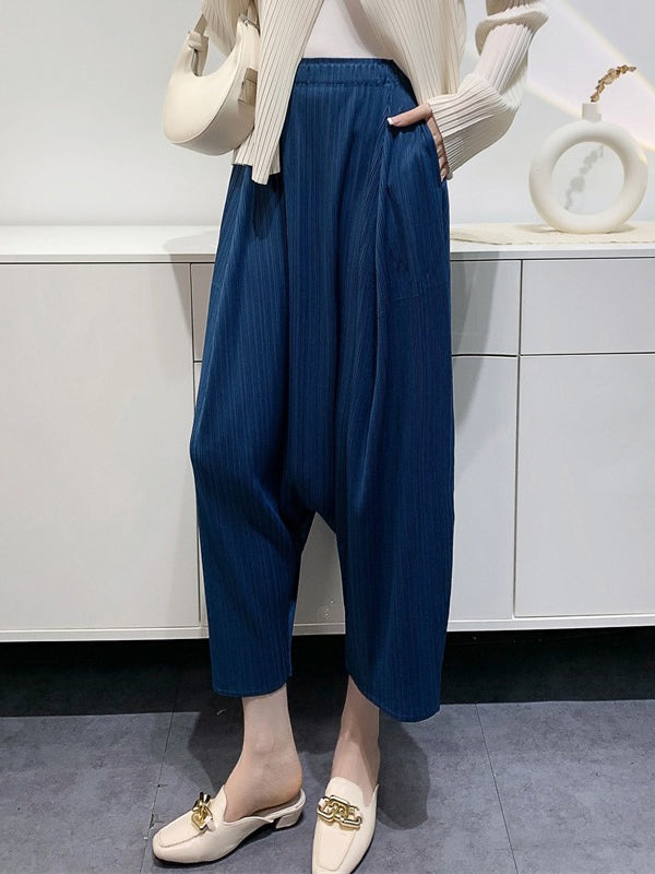 Elasticity Pleated Solid Color Split-Joint Harem Pants High Waisted Trousers Pants Ninth Pants