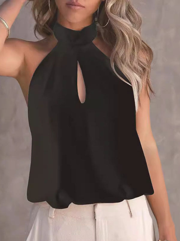 Hollow Solid Color Loose Sleeveless Halter-Neck Vest Top