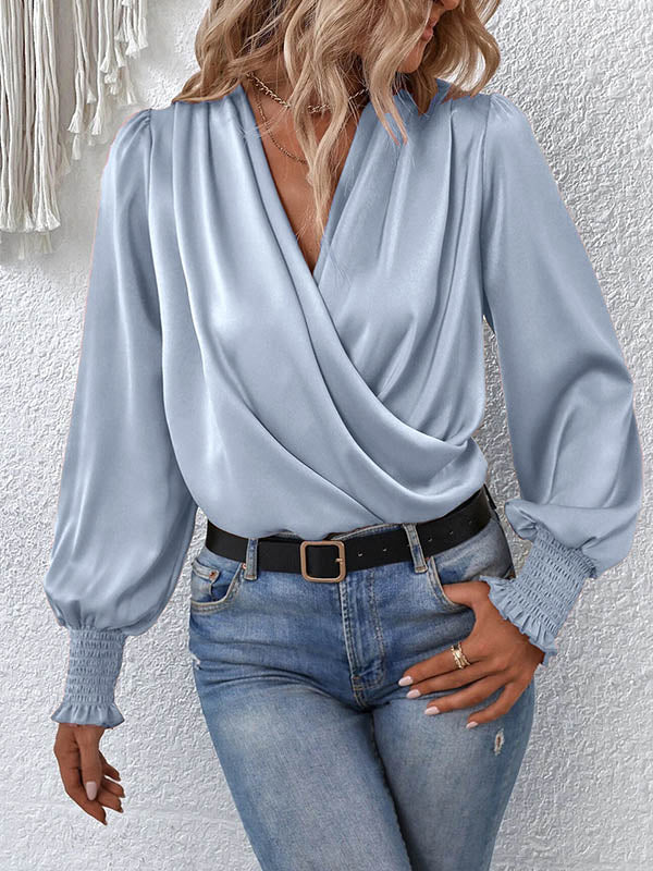 Elasticity Solid Color Long Sleeves Loose V-Neck Blouses&Shirts Tops