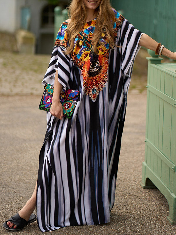 Printed Split-side Striped Batwing Sleeves Loose V-neck Maxi Dresses Beach Cover-Up