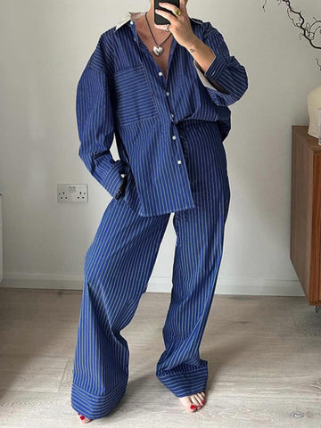 Striped Lapel Long Sleeves Loose Buttoned Pockets Split-Joint Blouses Tops + Pants Bottom Two Pieces Set