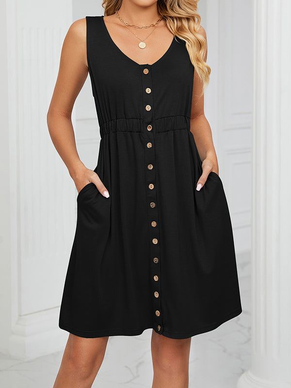 Buttoned Elasticity Pleated Pockets Split-Joint A-Line Loose Round-Neck Mini Dresses