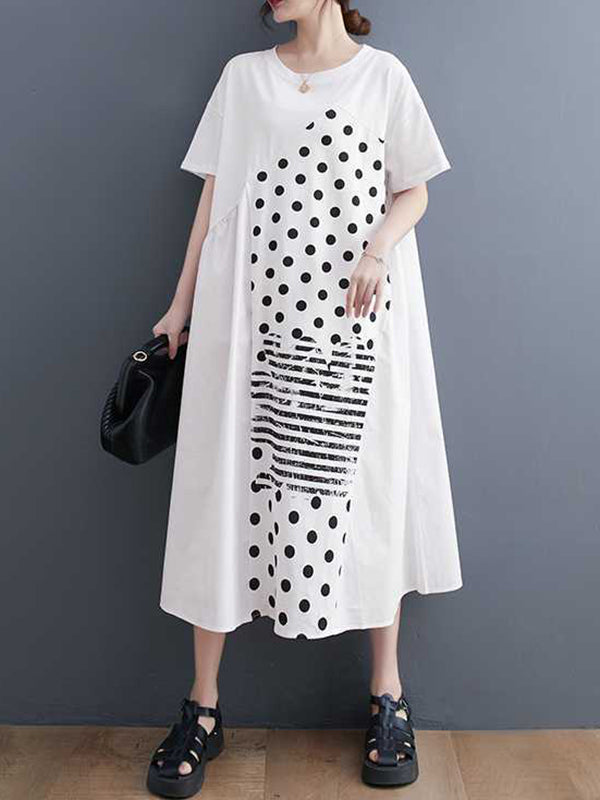 Asymmetric Pockets Polka-Dot Split-Joint A-Line Loose Round-Neck Midi Dresses