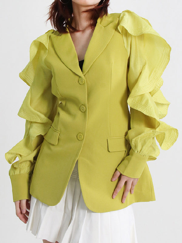 Buttoned Pockets Ruffled Split-Joint Long Sleeves Loose Notched Collar Outerwear Blazer