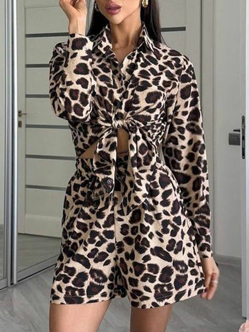 Long Sleeves Leopard Split-Joint Lapel Blouse + High Waisted Elasticity Shorts Trouser Two Pieces Set