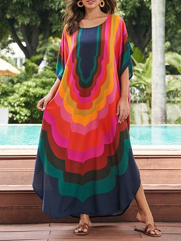 Contrast Color Printed Sun Protection Batwing Sleeves Roomy Round-Neck Maxi Dresses