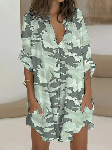 Buttoned Camouflage Long Sleeves Loose Lapel Shirt Dress Mini Dresses