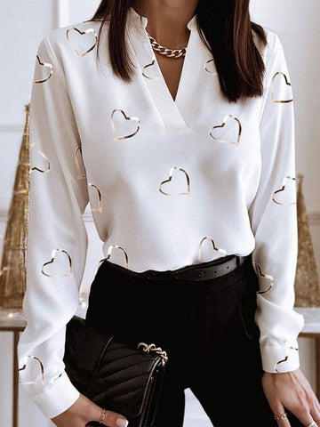 Heart Print Long Sleeves Loose V-Neck Blouses&Shirts Tops