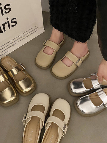 Belt Buckle Round-Toe Shallow Cut Split-Joint Slippers&Mules Platform Shoes