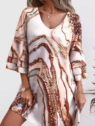 Layered Printed Split-Joint A-Line Flared Sleeves V-Neck Mini Dresses