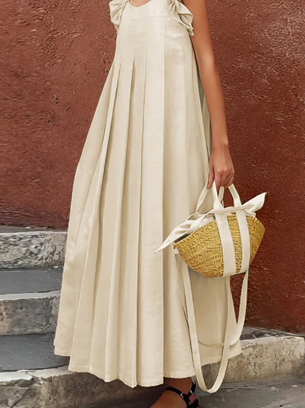 Pleated Ruffle Trim Split-Joint A-Line Loose Square-Neck Maxi Dresses