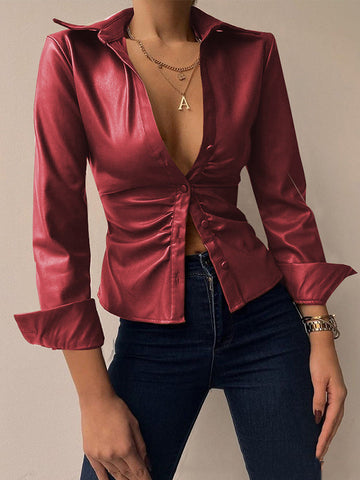 Buttoned Pleated Solid Color Long Sleeves Skinny Lapel Blouses&shirts Tops