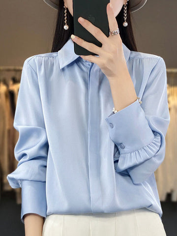 Buttoned Pleated Solid Color Long Sleeves Loose Lapel Blouses&Shirts Tops