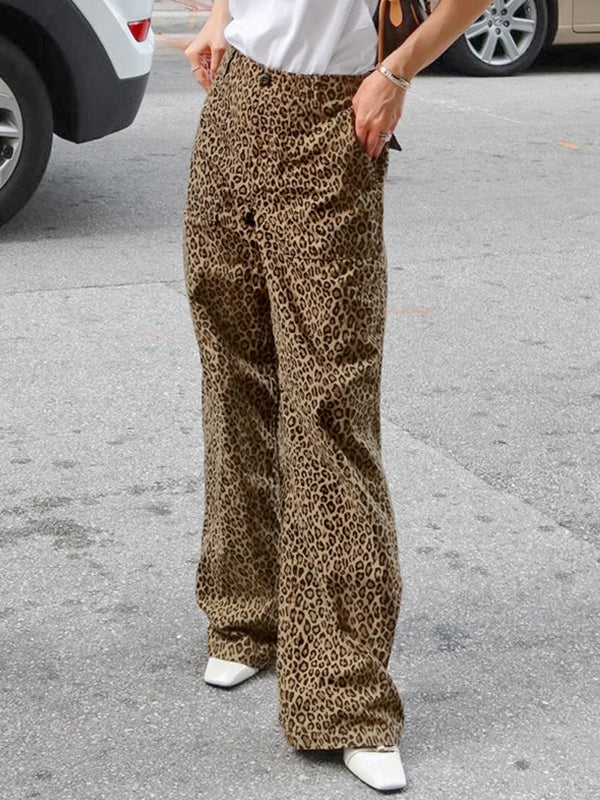 Leopard Printed Split-Joint High Waisted Loose Trousers Pants