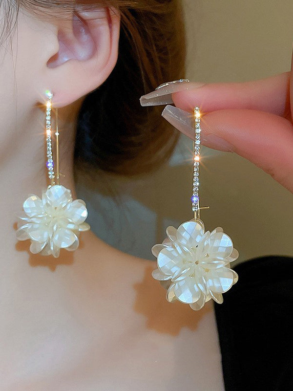 Flower Shape Rhine Stones Drop Earrings