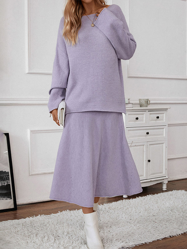 Loose Solid Color Long Sleeves Round-neck Sweater Top + Skirt Two Pieces Set