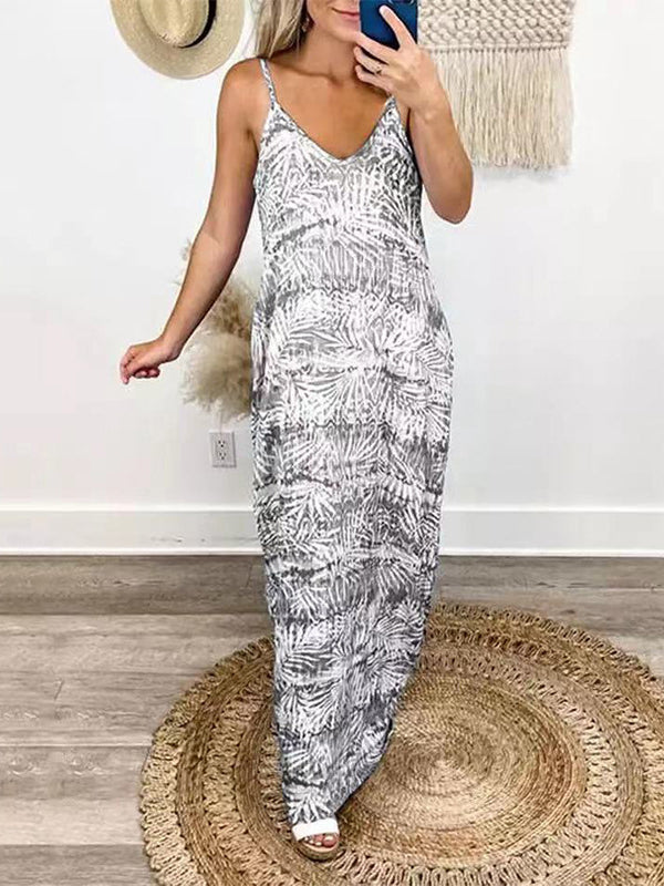 Printed Loose Plus Size Spaghetti-Neck Maxi Dresses