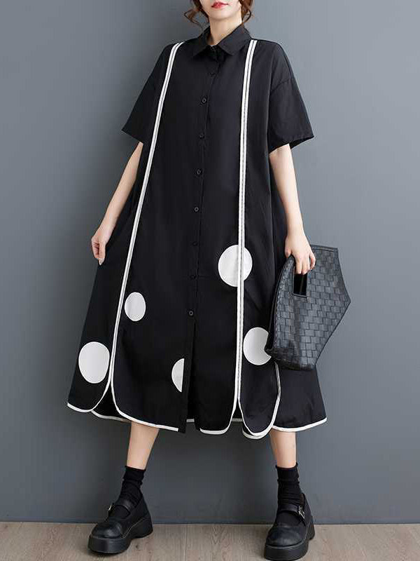 Buttoned Pockets Polka-Dot Split-Front Split-Joint A-Line Half Sleeves Lapel Shirt Dress Midi Dresses