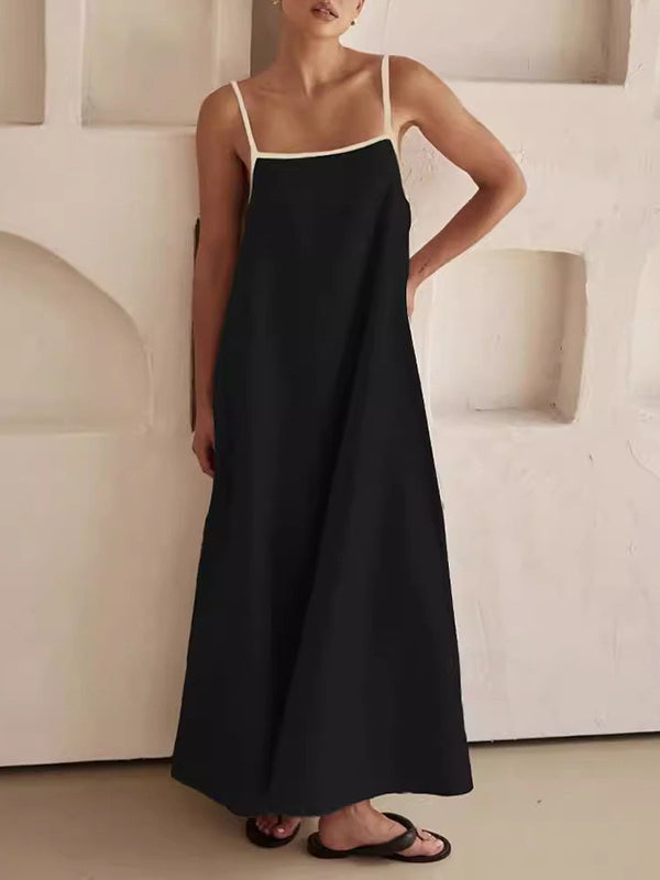 Split-Joint A-Line Loose Spaghetti-Neck Maxi Dresses