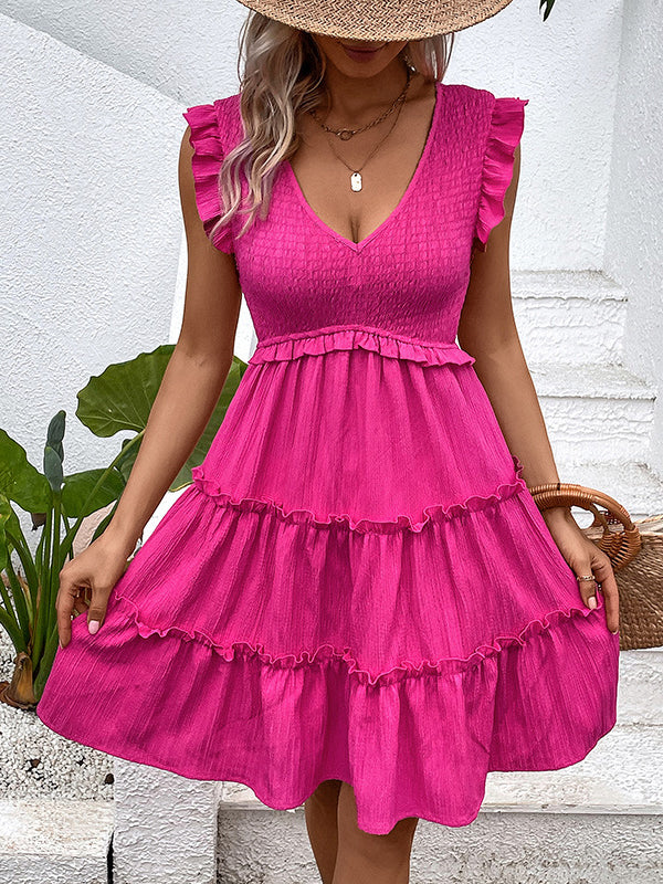 Pleated Ruffle Trim Solid Color Split-Joint Loose Sleeveless Deep V-Neck Mini Dresses