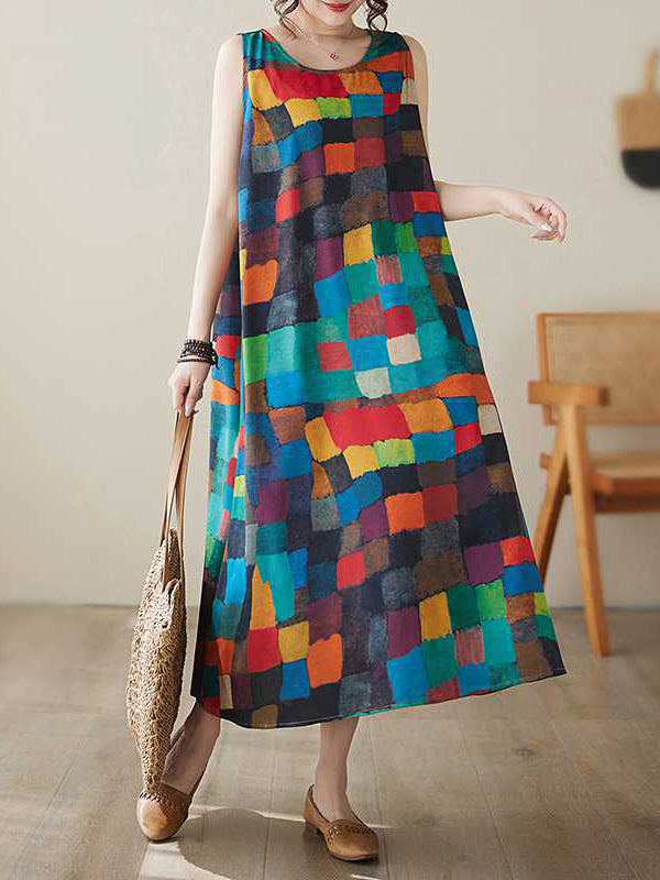 Contrast Color Multi-Colored Plaid Loose Sleeveless Round-Neck Midi Dresses