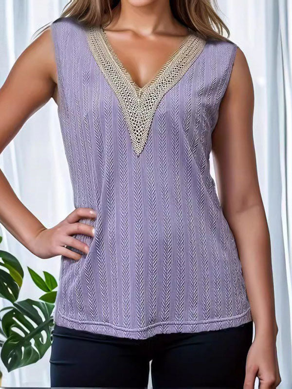 Jacquard Split-Joint Loose Sleeveless V-Neck Vest Top