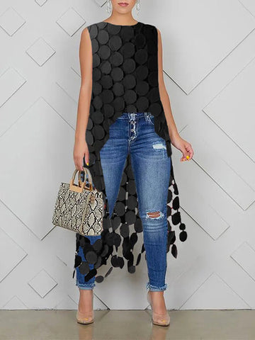 Hollow Polka-Dot High-Low Sleeveless Round-Neck Vest Top