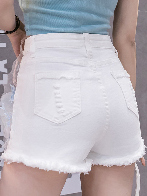 Buttoned Fringed Pockets Three-Dimensional Flower A-line High Waisted Denim Shorts