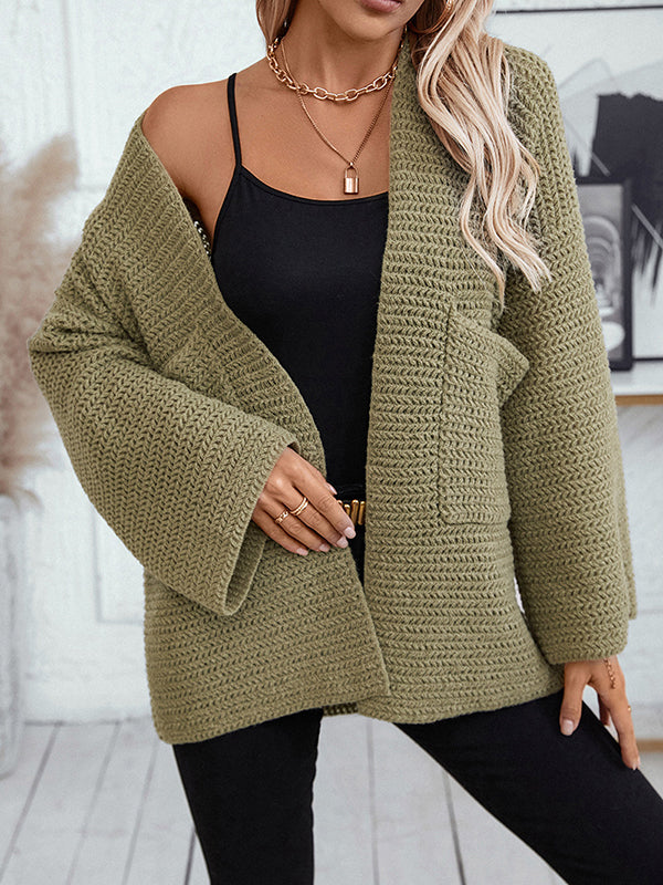 Pockets Solid Color Split-Joint Long Sleeves Loose Collarless Cardigan Tops