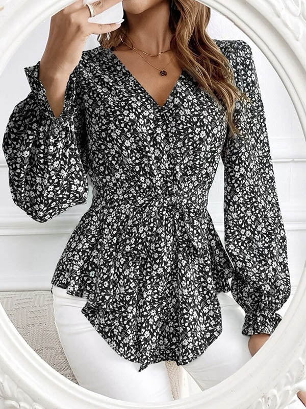 Flower Print Tied Waist Flared Sleeves Long Sleeves V-Neck Blouses&Shirts Tops