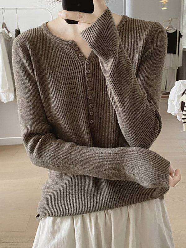 Buttoned Solid Color Long Sleeves Round-Neck Sweater Tops Pullovers