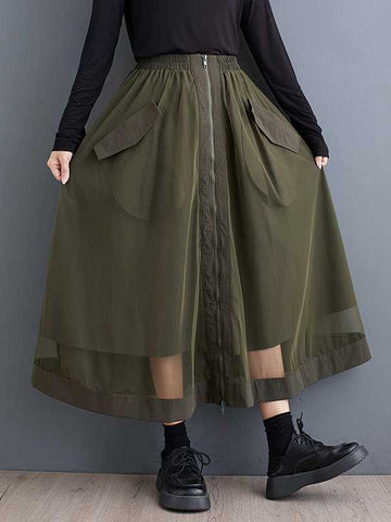 Elasticity Mesh Pockets Split-Joint Zipper A-Line Loose Skirts Bottoms