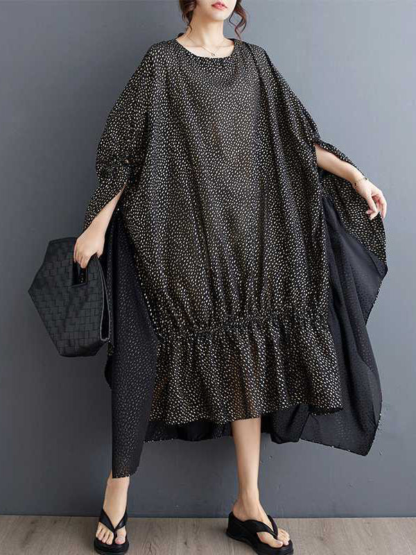 Elasticity Polka-Dot Split-Joint Batwing Sleeves Half Sleeves Round-Neck Midi Dresses