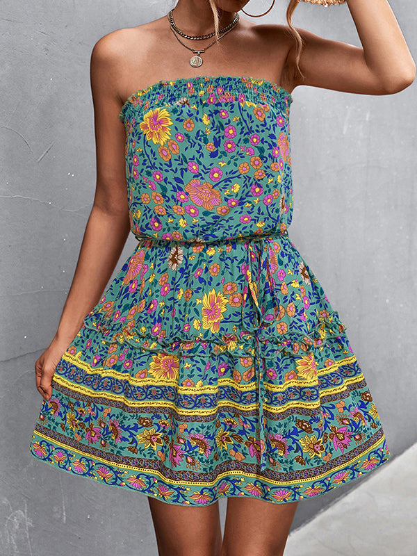 Elasticity Flower Print Ruffle Trim Tied Waist A-Line High Waisted Tube Mini Dresses