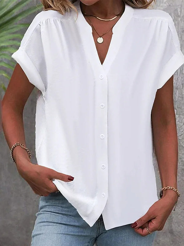 Buttoned Solid Color Loose Raglan Sleeve V-neck Blouses&shirts Tops