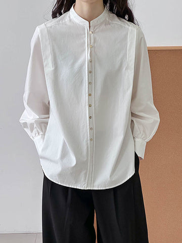 Buttoned Split-Joint Long Sleeves Roomy Round-Neck Blouses&Shirts Tops