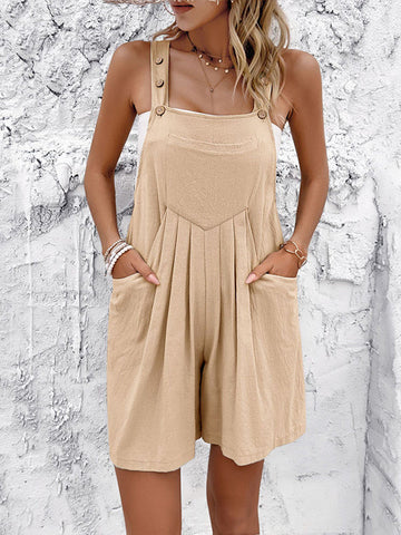 Buttoned Pleated Pockets Split-Joint Roomy Sleeveless Square-Neck Overalls