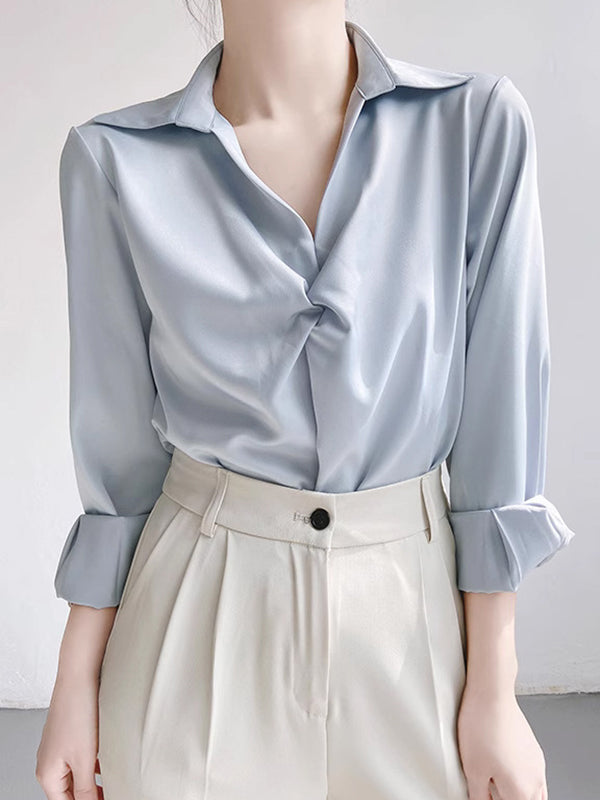 Knot Pure Color Long Sleeves Roomy Lapel Blouses&Shirts Tops