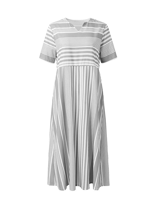 Pockets Striped A-line Loose V-neck Midi Dresses