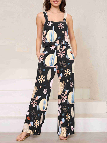 Elasticity Pockets Printed Loose Sleeveless Spaghetti-Neck Jumpsuits