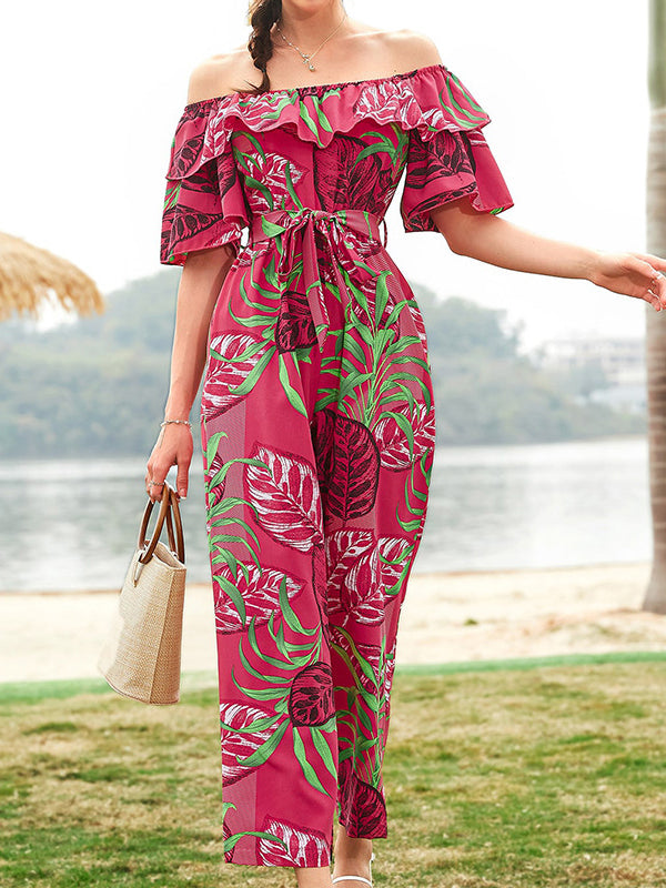 Elasticity Leaves Print Ruffled Tied Waist Half Sleeves Relaxed Fit Off-The-Shoulder Jumpsuits