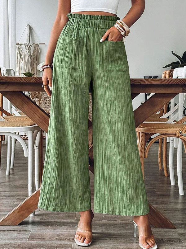 Elasticity Pleated Pockets Solid Color Split-Joint Loose Wide Leg Trousers Pants