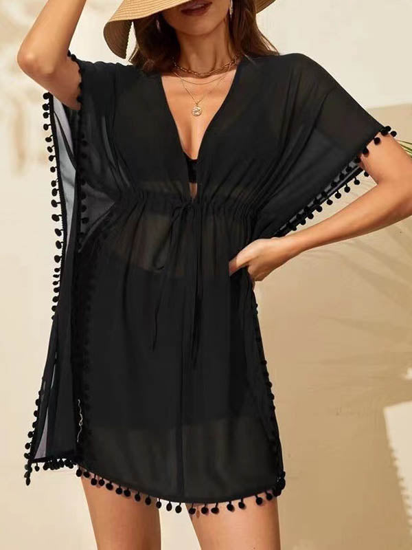 Drawstring See-Through Solid Color Tasseled Batwing Sleeves Loose V-Neck Mini Dresses Beach Cover-Up