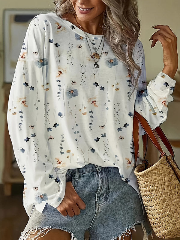 Flower Print Long Sleeves Loose Round-Neck T-Shirts Tops