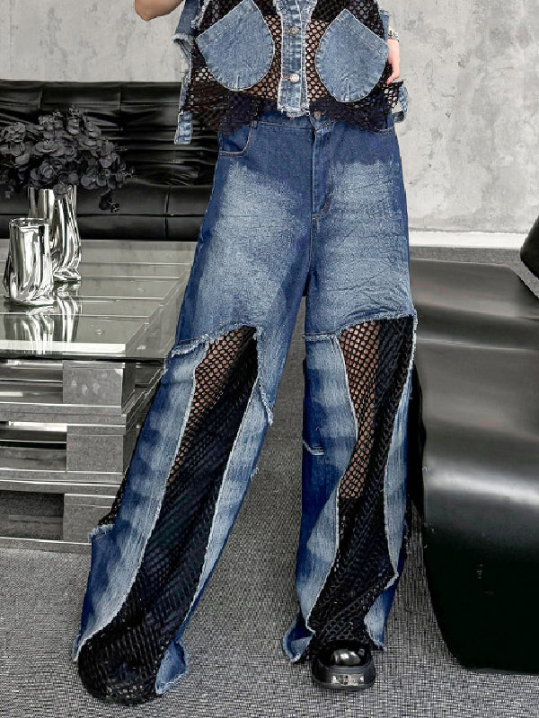 Buttoned Hollow Pockets Split-Joint Wide Leg Jean Pants Bottoms