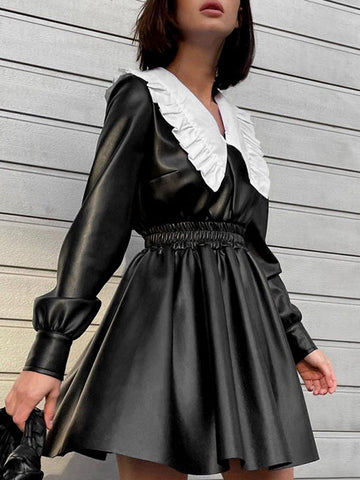 Elasticity Pleated Split-Joint Relaxed Fit Puff Sleeves Peter Pan Collar Mini Dresses