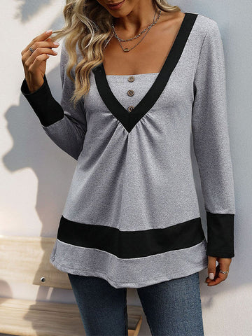 Buttoned Contrast Color Pleated Split-Joint Long Sleeves Loose V-Neck T-Shirts Tops