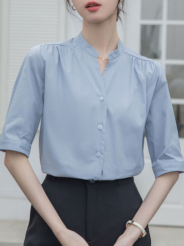 Buttoned Pleated Solid Color Split-Joint Half Sleeves Loose Stand Collar Blouses&Shirts Tops