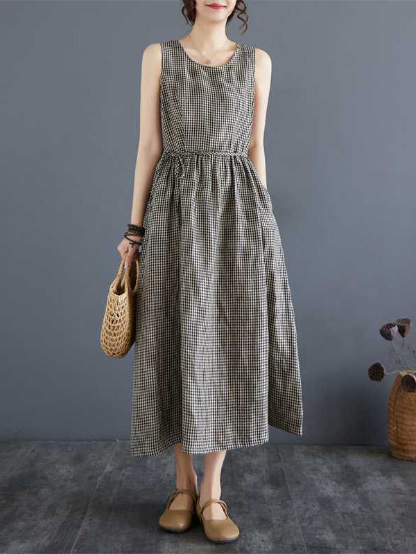 Drawstring Elasticity Plaid Pockets A-Line Loose Round-Neck Midi Dresses