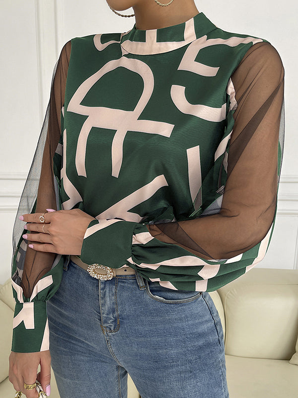 Buttoned Hollow Letter Print See-Through Split-Joint Long Sleeves Round-neck Shirts Tops Blouses&shirts Tops